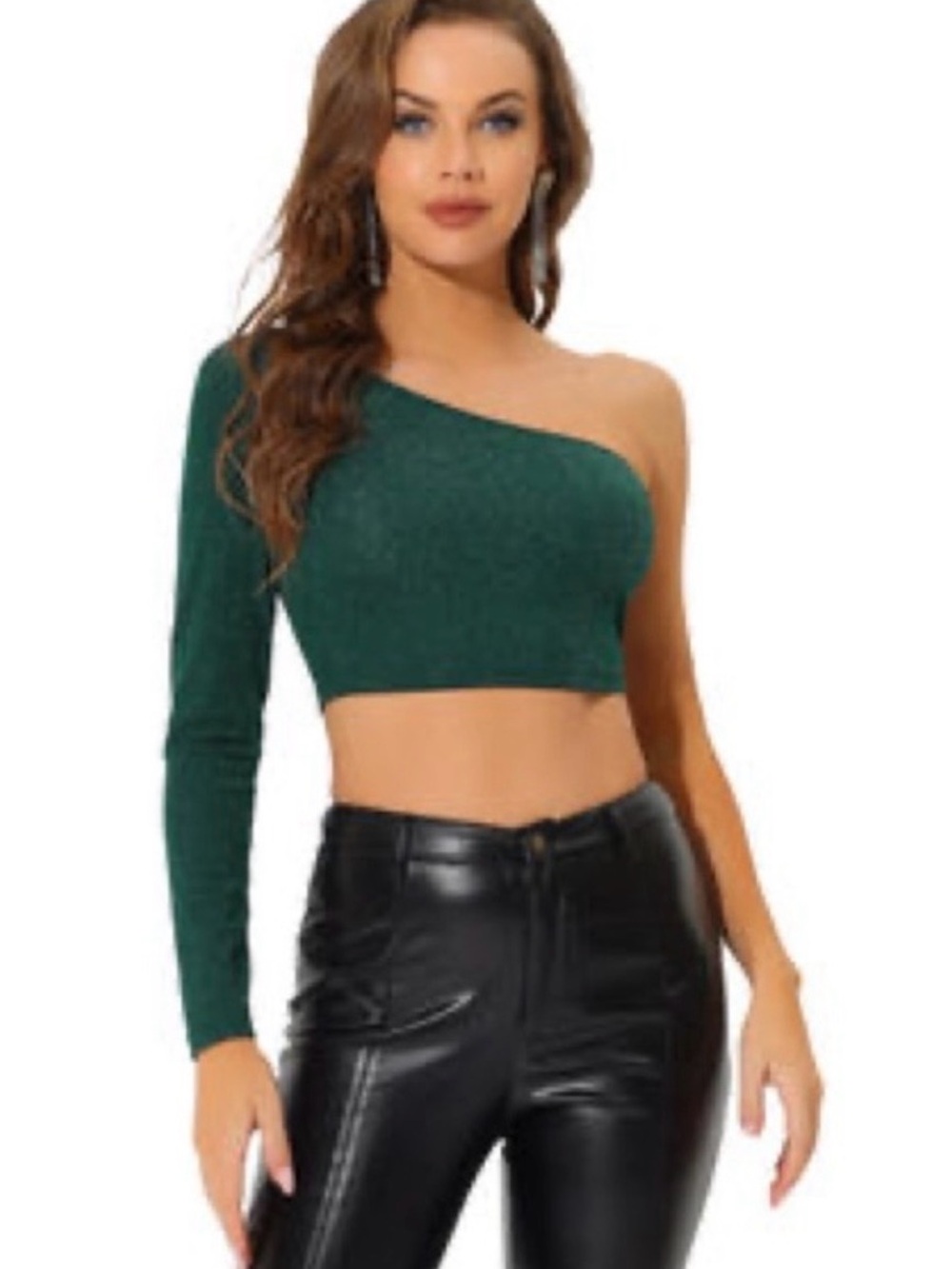 Allegra K Emerald Green Glitter One Shoulder Crop Top L NWOT